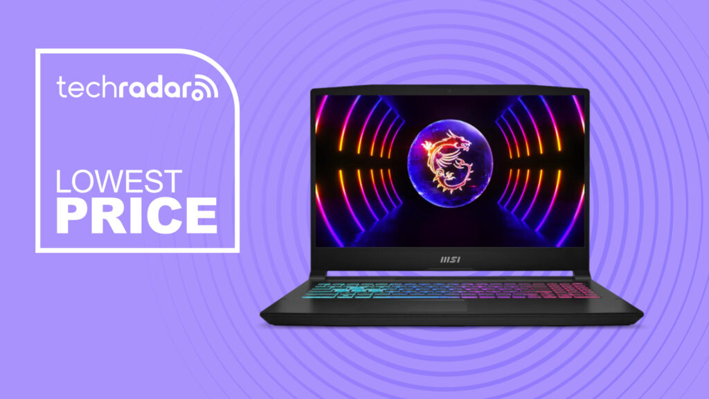 MSI Katana 15 gaming laptop on purple background with lowest price text overlay