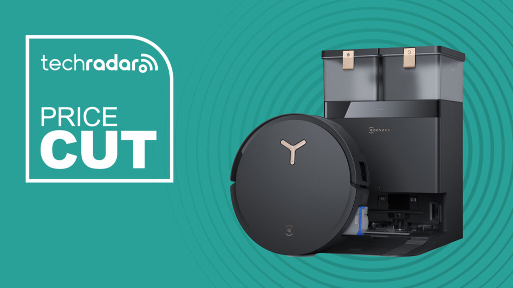 The Ecovacs Deebot X8 Pro Omni robot vacuum cleaner on a green background with the TechRadar deals badge for price cut