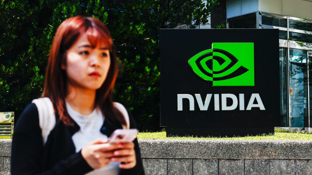 TAIPEI, TAIWAN - APRIL 16: The logo of NVIDIA, an American tech company which designs and supplies GPUs, APIs, and Artificial Intelligence (AI) software and hardware, in Taipei, Taiwan, on April 16, 2025. The United States President Donald Trump's administration has confirmed that tariffs on semiconductors and some other technology products will 'take place in the very near future'. With tariffs and export restrictions expected to be implemented by the American government, electronic products such as iPhone, smartphones, tablet, computer and other digital devices requiring advanced microchips, as well as such global supply chain are likely to be affected. (Photo by Daniel Ceng/Anadolu via Getty Images)