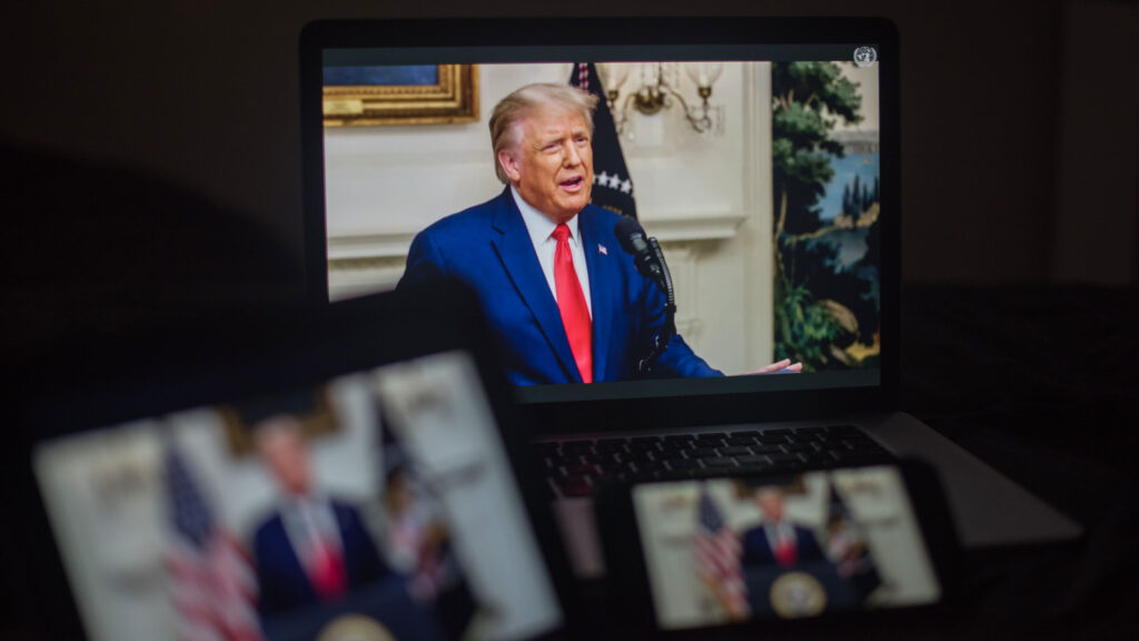 U.S. President Donald Trump speaks during the United Nations General Assembly seen on a laptop computer in Hastings on the Hudson, New York, U.S., on Tuesday, Sept. 22. 2020.