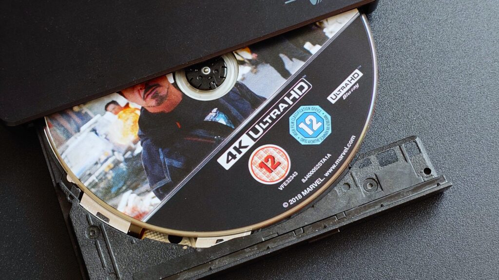 Avengers: Infinity War 4K UHD Blu-ray disc in a USB Blu-ray drive.