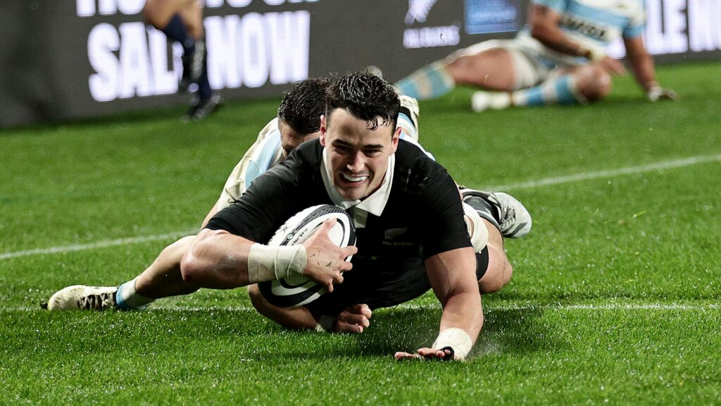 Will Jordan of New Zealand scores a first half try during The Rugby Championship match between New Zealand All Blacks and Argentina at Eden Park on August 17, 2024 in Auckland, New Zealand.