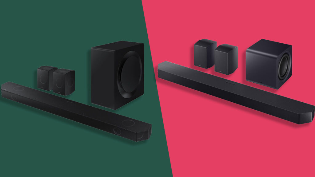 Samsung HW-Q900C left and Samsung HW-Q900F right on pink and green background