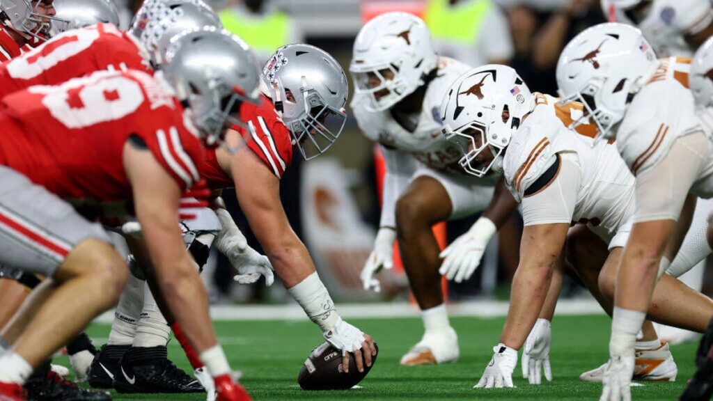 The Ohio State Buckeyes and Texas Longhorns line up for a play in the fourth quarter during the Goodyear Cotton Bowl at AT&T Stadium on Jan. 10, 2025 in Arlington, Texas.