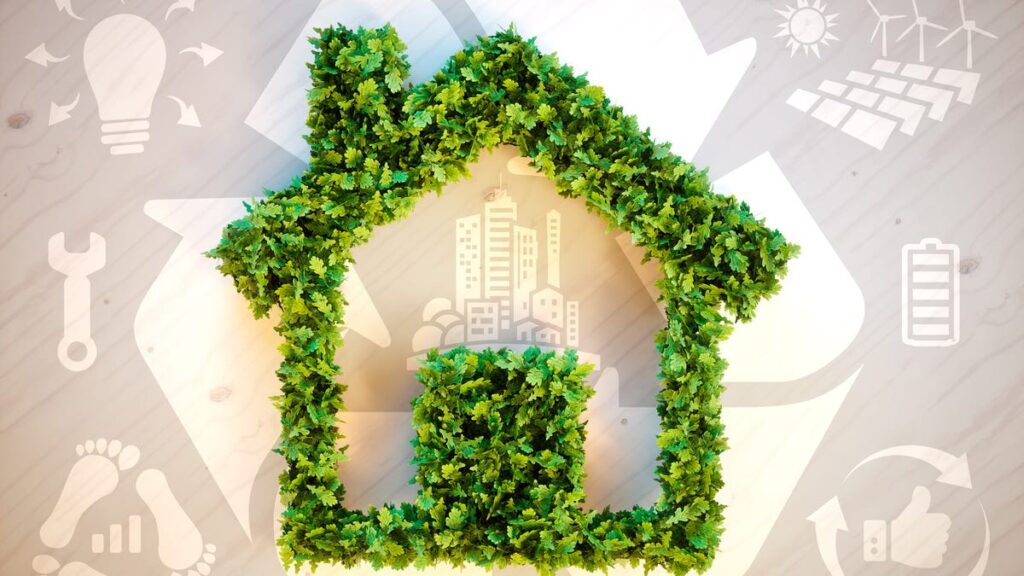 An illustration of a house outlined in greenery.