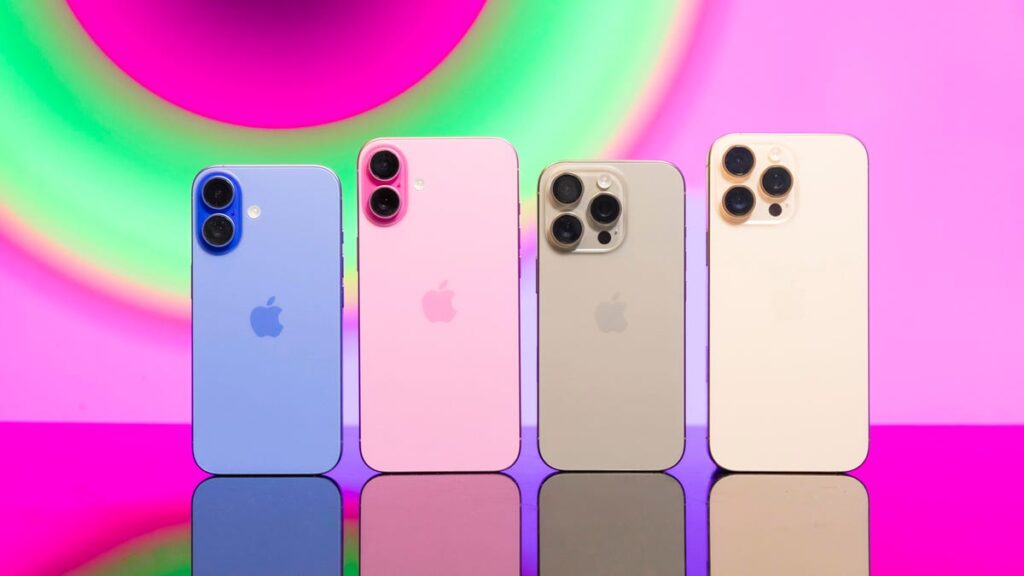Four iPhone 16&apos;s in blue, pink, tan and peach