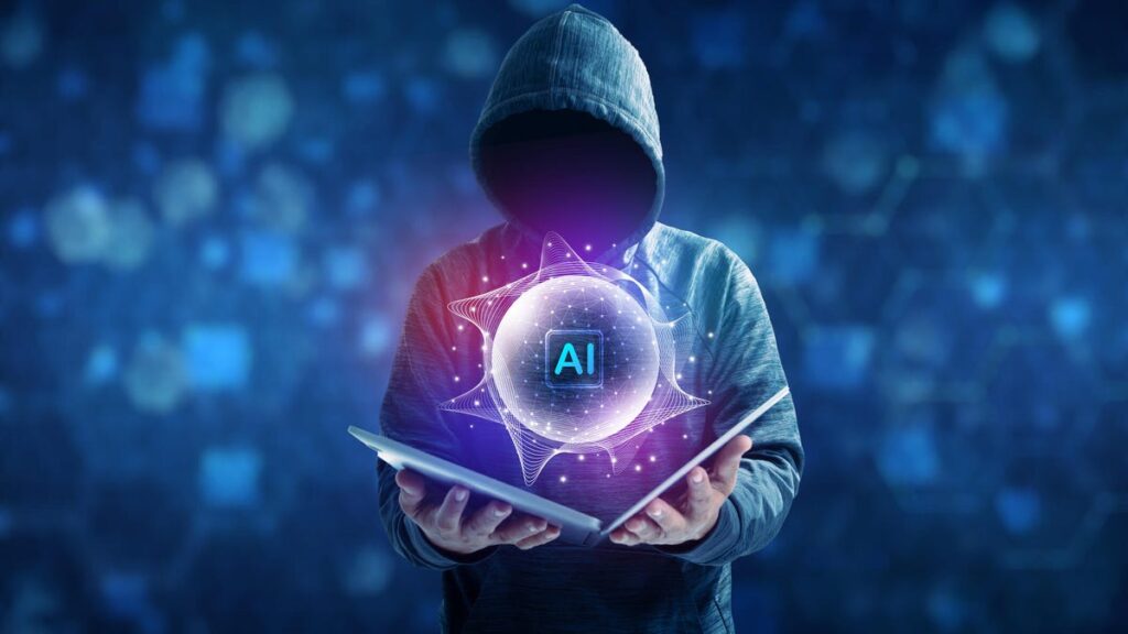 A hooded figure opens a laptop with an AI illustration above it.