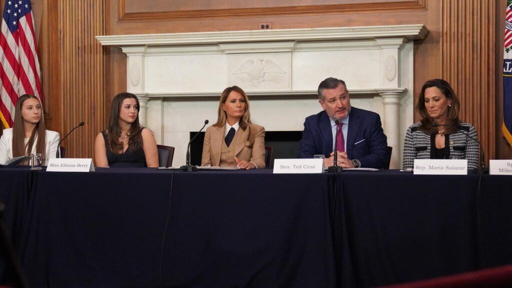 A photo of two deepfake activists seated with Melania Trump, Ted Cruz and Maria Salazar