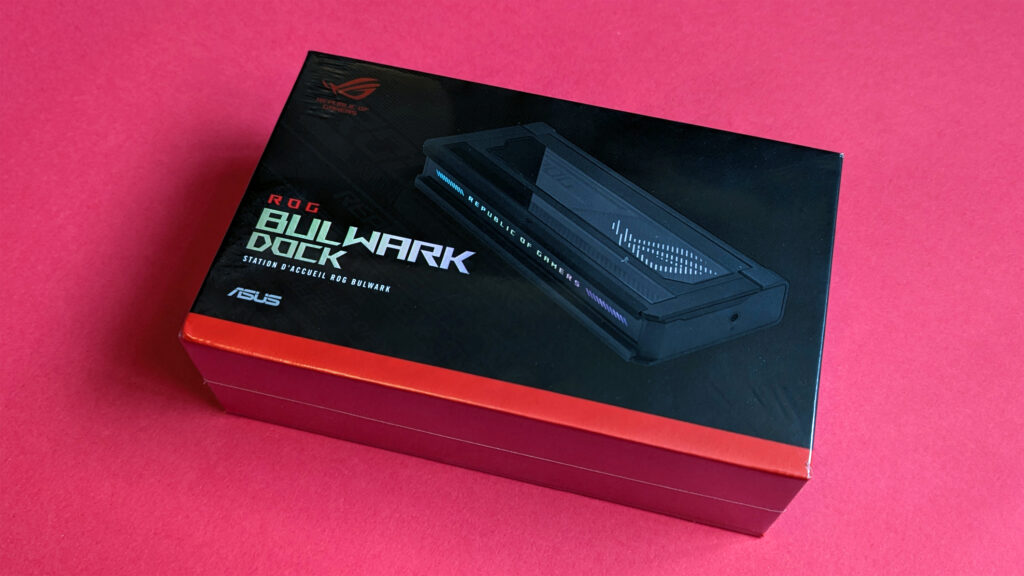 ASUS ROG Bulwark Dock (2025) on a pink card background