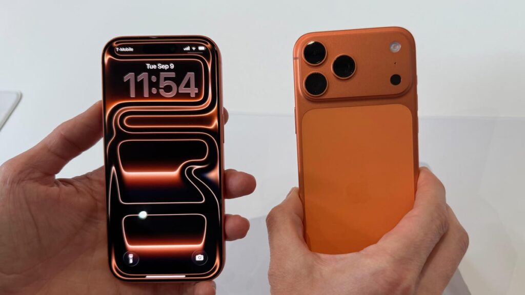 Front and back shots of the cosmic orange iPhone 17 Pro.