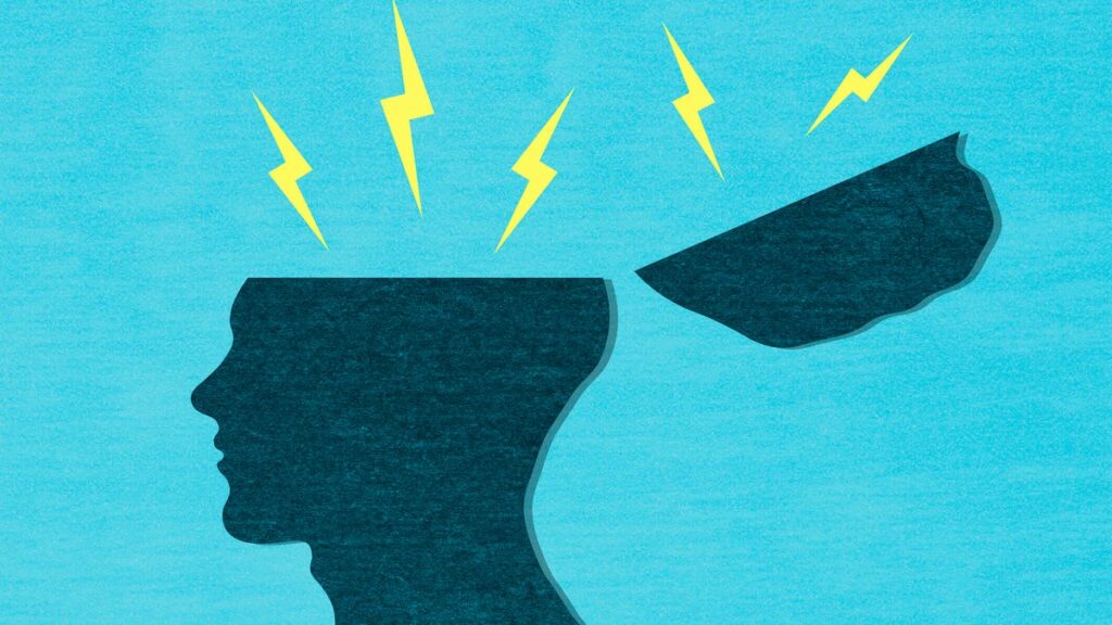 A concept image of stress, showing a person's head opening up and lightning bolts shooting out (gettyimages-2180038994)