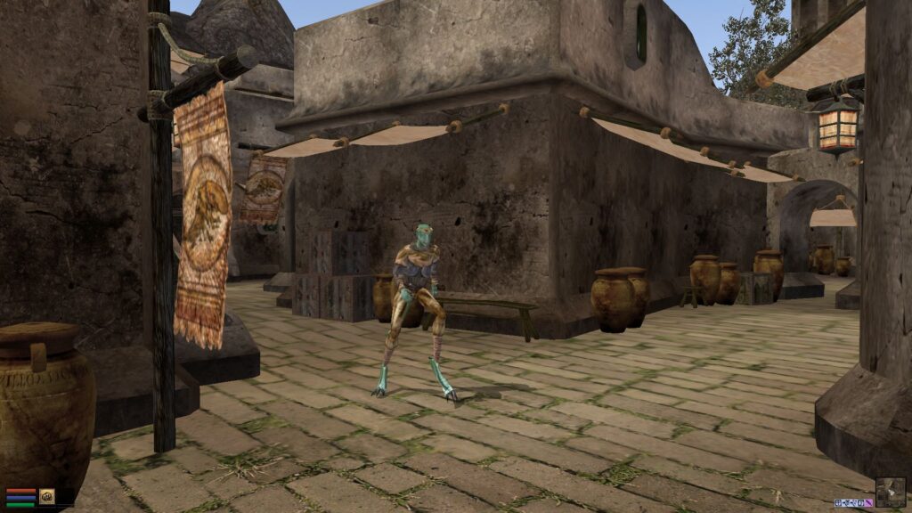 An argonian walks down an empty street in one of Morrowind's towns