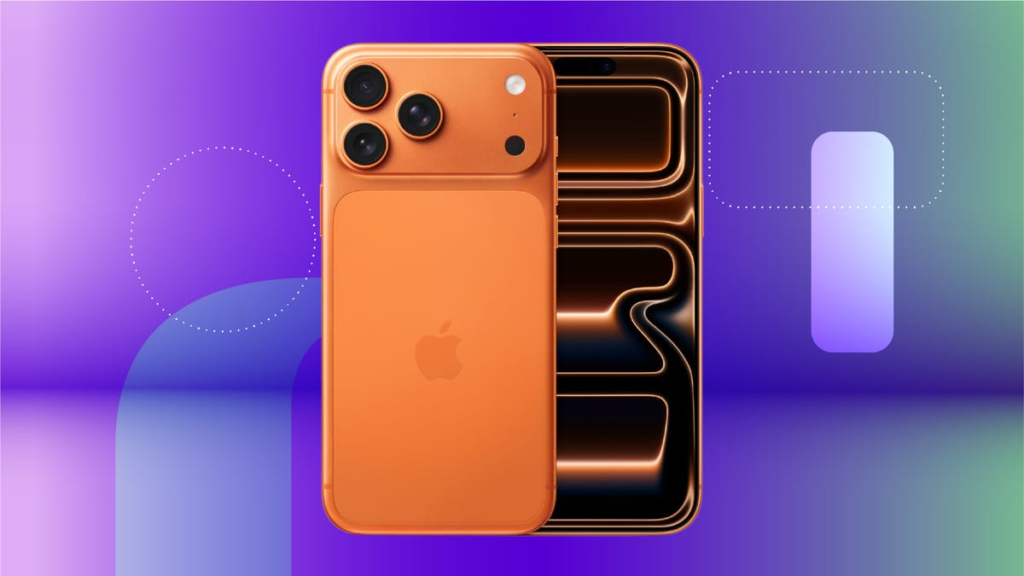 The iPhone 17 Pro/Pro Max is displayed against a gradient purple and blue background.