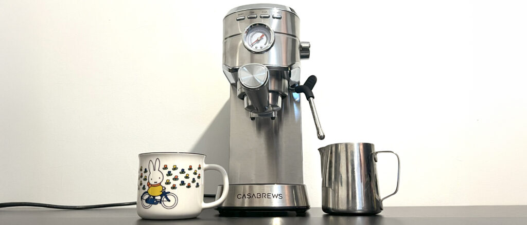 Casabrews CM5418 review: a small but mighty pick for the casual coffee lover Casabrews CM5418 on kitchen counter with mug and milk jug