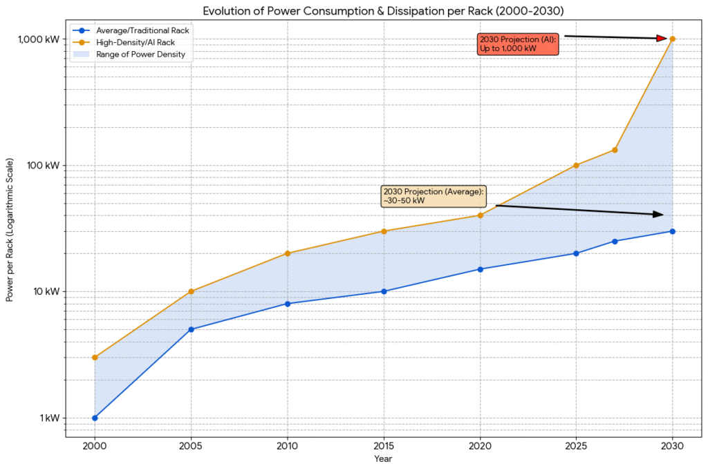 Evolution of power consumption &amp; dissipation per rack (2000-2030)