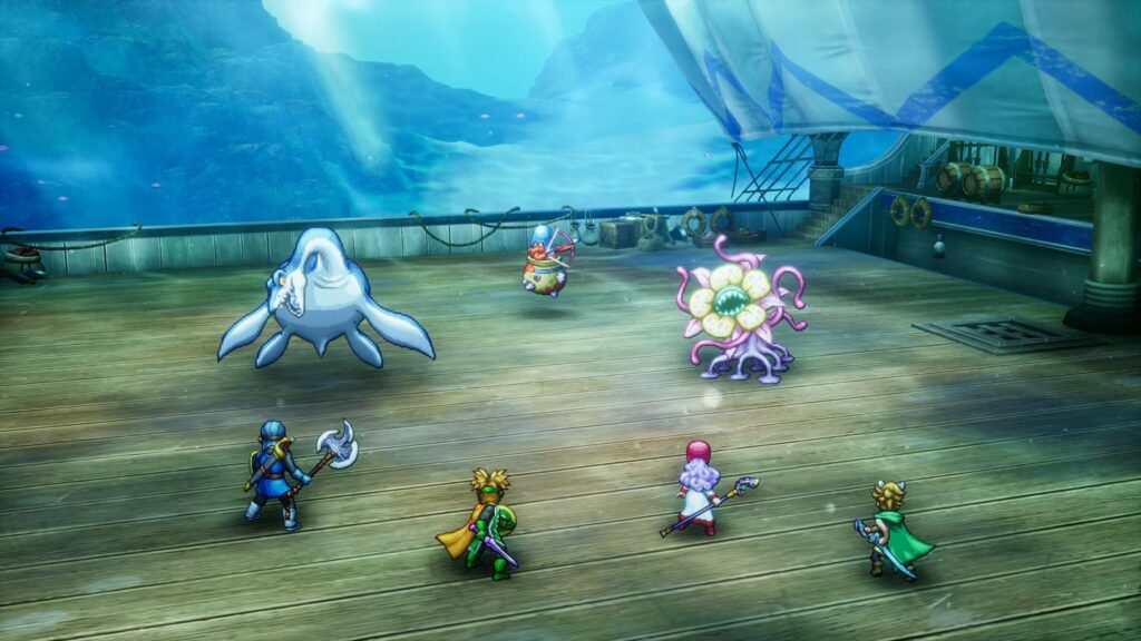 Trailer screenshot of a sea battle in Dragon Quest I & II HD-2D Remake
