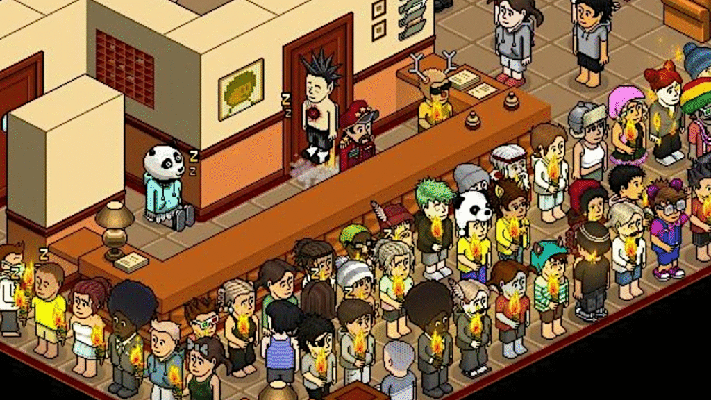 Habbo Hotel’s answer to WoW Classic is coming to Steam An image of the Great Mute of Habbo Hotel, with many Habbos holding up torches.