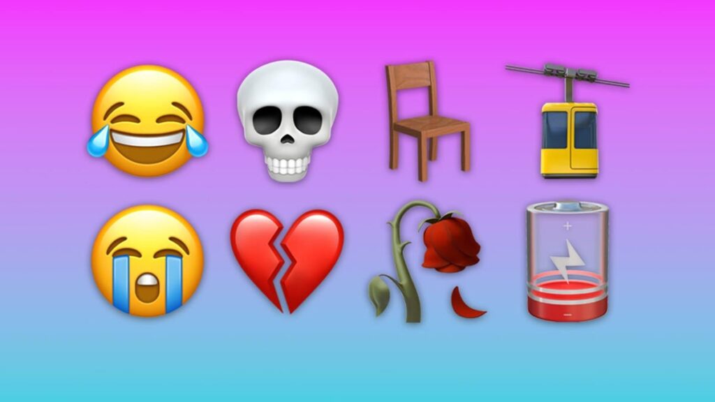 THe laughing crying emoji, skull face, chair, tram, cryling loudly, broken heart, rose and dead battery emoji.