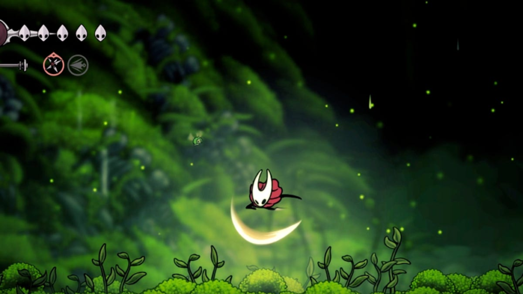 a screenshot of silksong showing hornet doing a downward slash attack