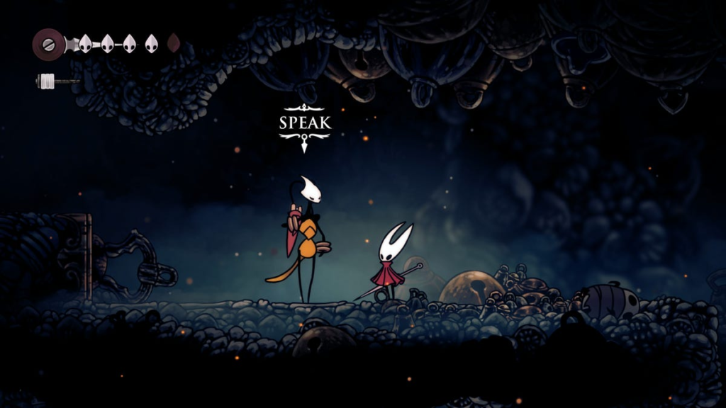 Hornet in silksong meets a tall bug, Shakra