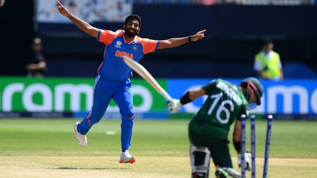 Jasprit Bumrah bowls Rizwan of Pakistan in the 2024 ICC T20 Cricket World Cup match between India and Pakistan.