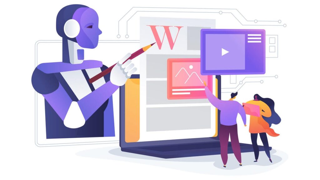 An abstract image of a robot writing a Word document with a pencil, while two cartoon people point and look (gettyimages-2197355961)