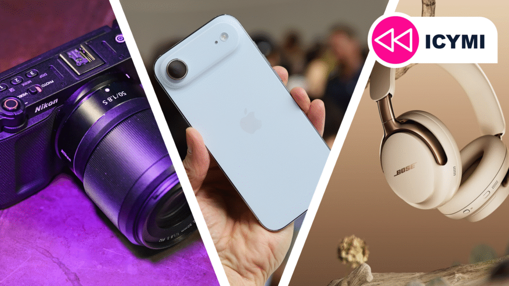 A Nikon camera next to an iPhone Air and new Bose headphones