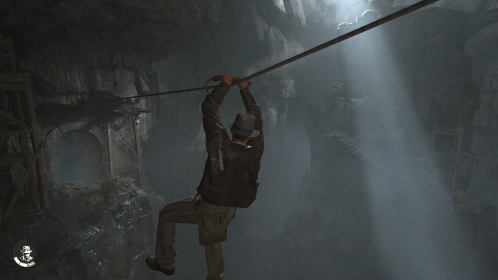 Indy gliding on a rope in Indiana Jones and the Great Circle The Order of Giants