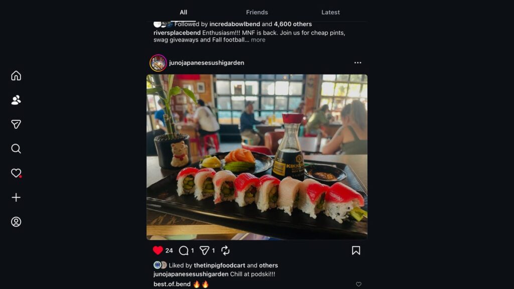 Instagram's iPad app showing new scrolling options and a post about sushi.