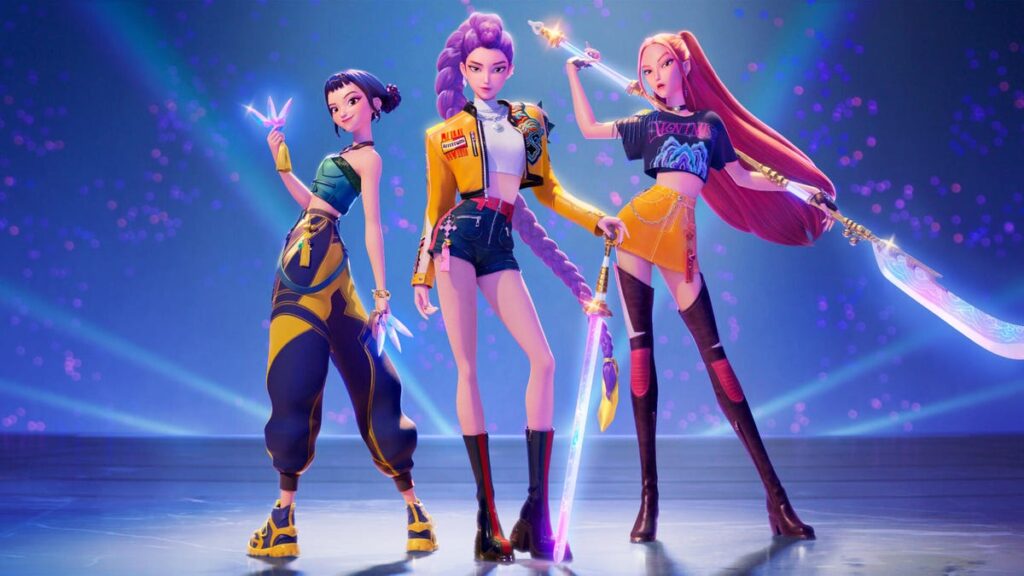 Three animated KPop singers stand with weapons drawn