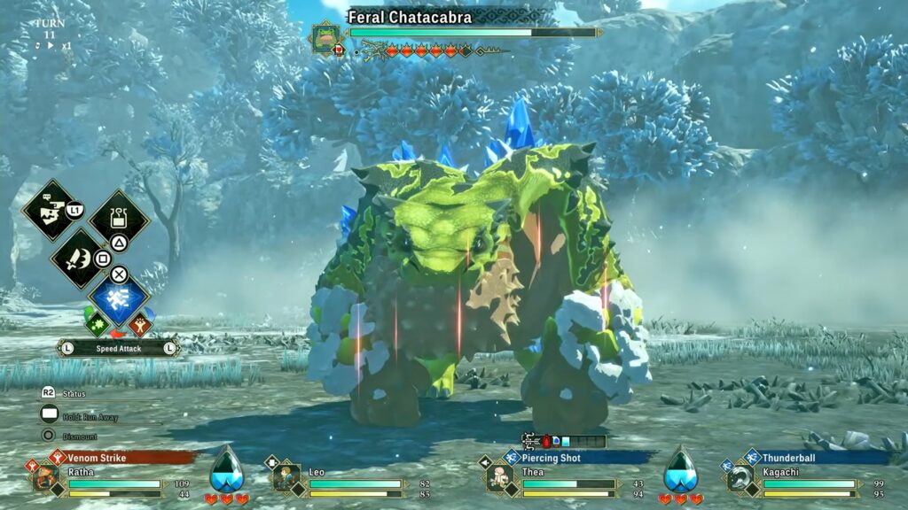 In-game screenshot of a Feral Chatacabra in Monster Hunter Stories 3: Twisted Reflection