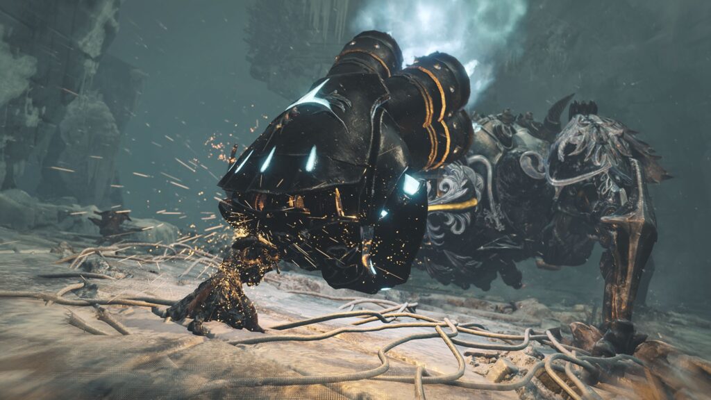 Promotional screenshot of a player countering Omega Planetes in Monster Hunter Wilds