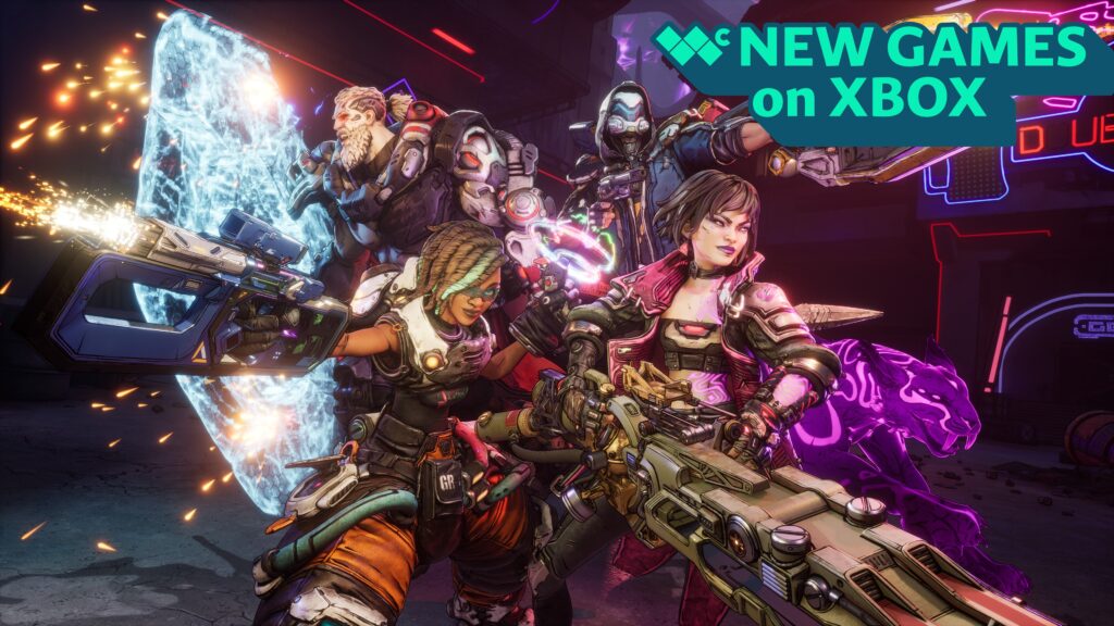 Borderlands 4 image with all four vault hunters, with text reading "New games on Xbox" in the upper-right corner
