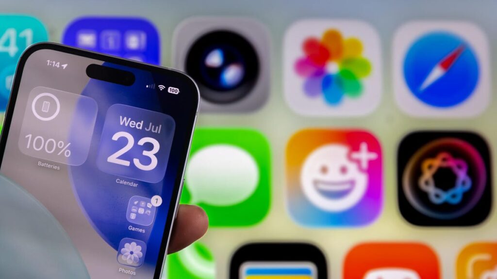 An iPhone with clear icons in front of a background of multiple app icons.