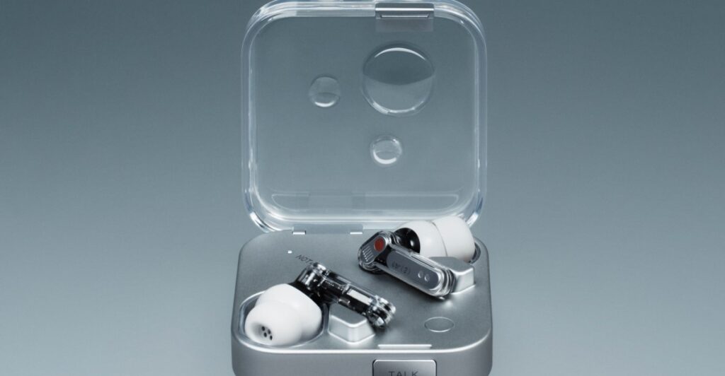 Nothing’s Ear 3 earbuds have a microphone and ‘talk’ button on their charging case