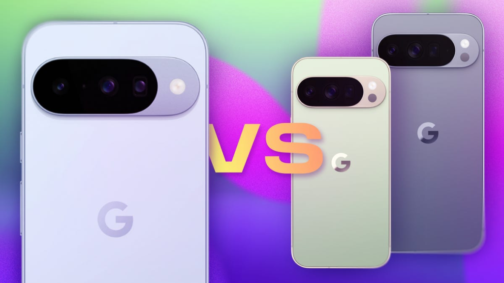 Three Pixel 10 phones with the phrase "vs" between them on a colorful background.