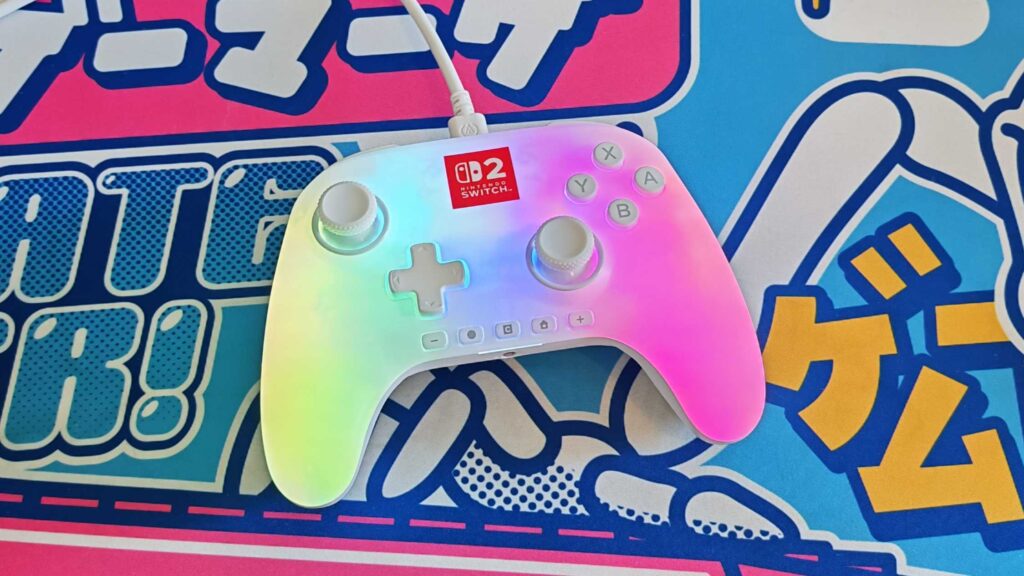 The PowerA Advantage Switch 2 Wired Controller on a bright blue mouse mat.