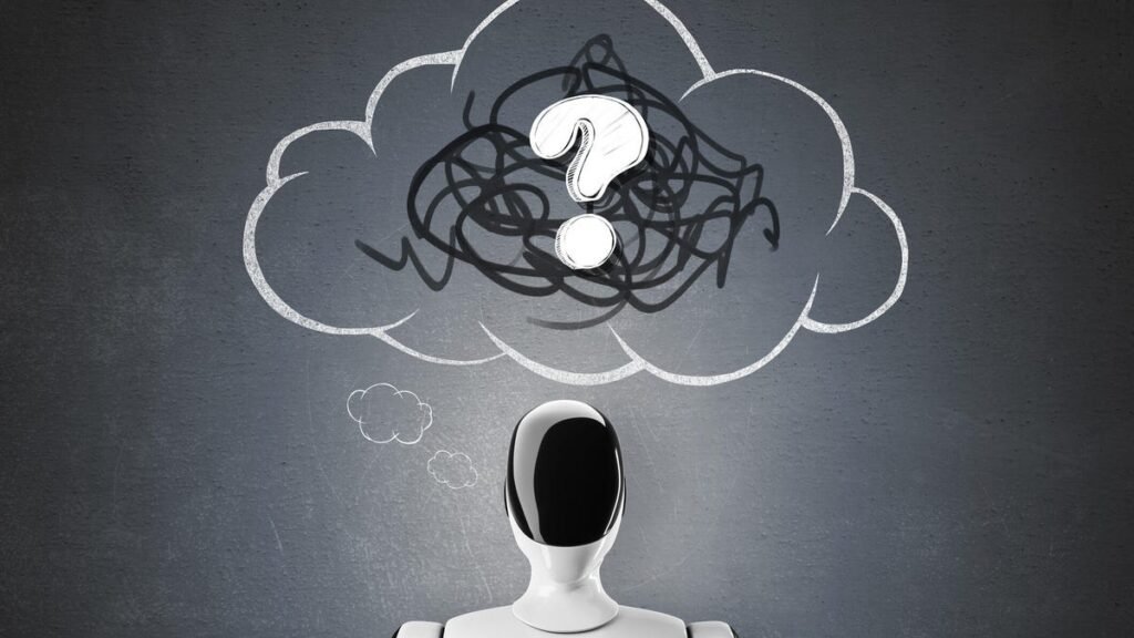 A robot with a blank face while a confused question mark cloud hovers above.