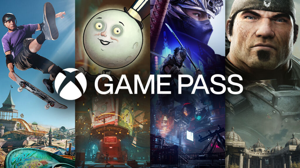 Report: Xbox fans play more games than Steam or PS5 users Centre text reading "Game Pass" with the Xbox logo to the left of it. The background consists of several games such as Tony Hawks, Gears of War, Ninja Gaiden and The Outer Worlds 2.