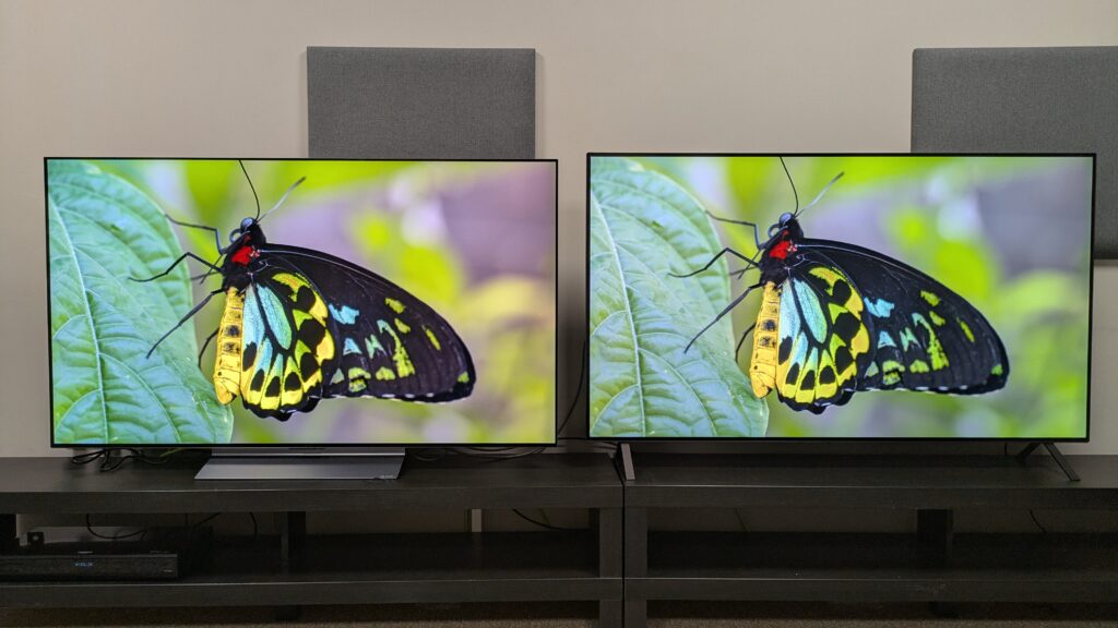 LG C5 (left) and LG B5 (right) displaying yellow butterfly on screen