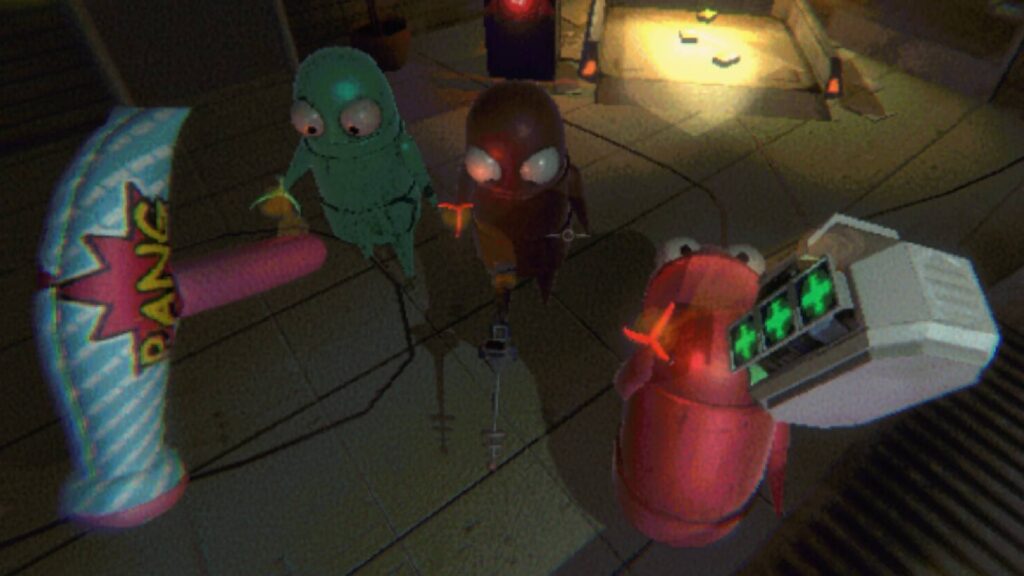 Repo semibots standing around the shop with weapons