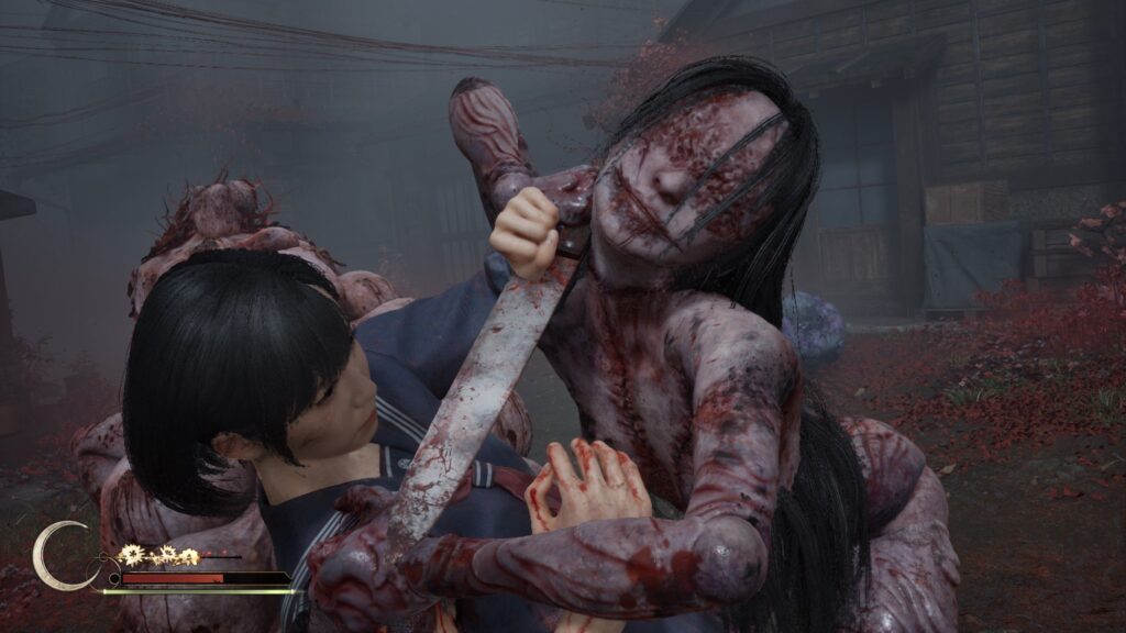 Hinako holds back a blind mannequin woman trying to stab her