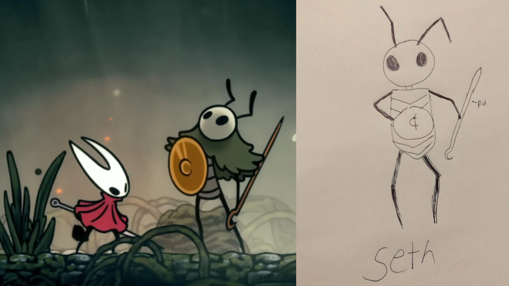 Seth's boss battle from Silksong alongside Seth Goldman's original drawing