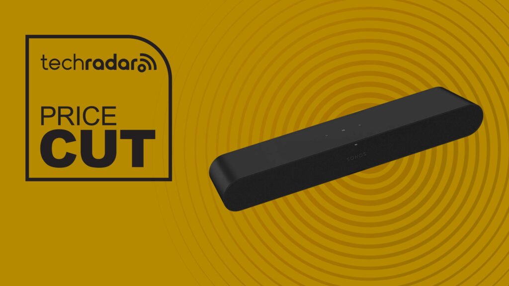 Sonos Ray sound bar for TV in black on yellow background with TechRadar price cut sign