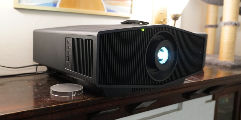 Sony Bravia Projector 7 on table with laser turned on