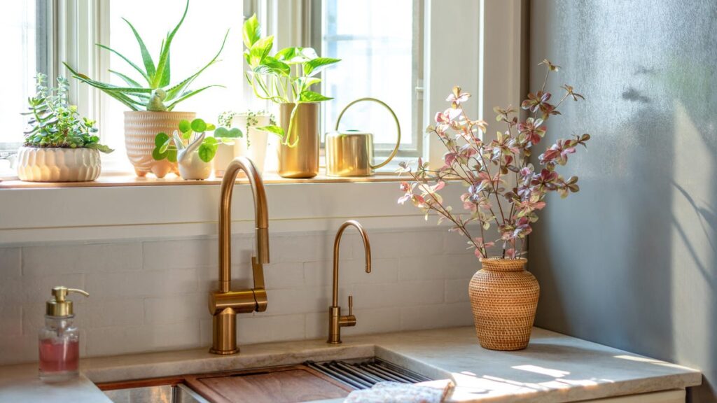 Workstation sink with gold faucets in a stylish light and bright kitchen
