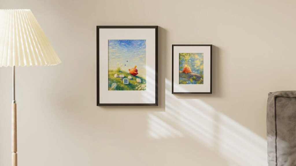 SwitchBot's Art Frames hanging on a pale wall, showing flower scenes.