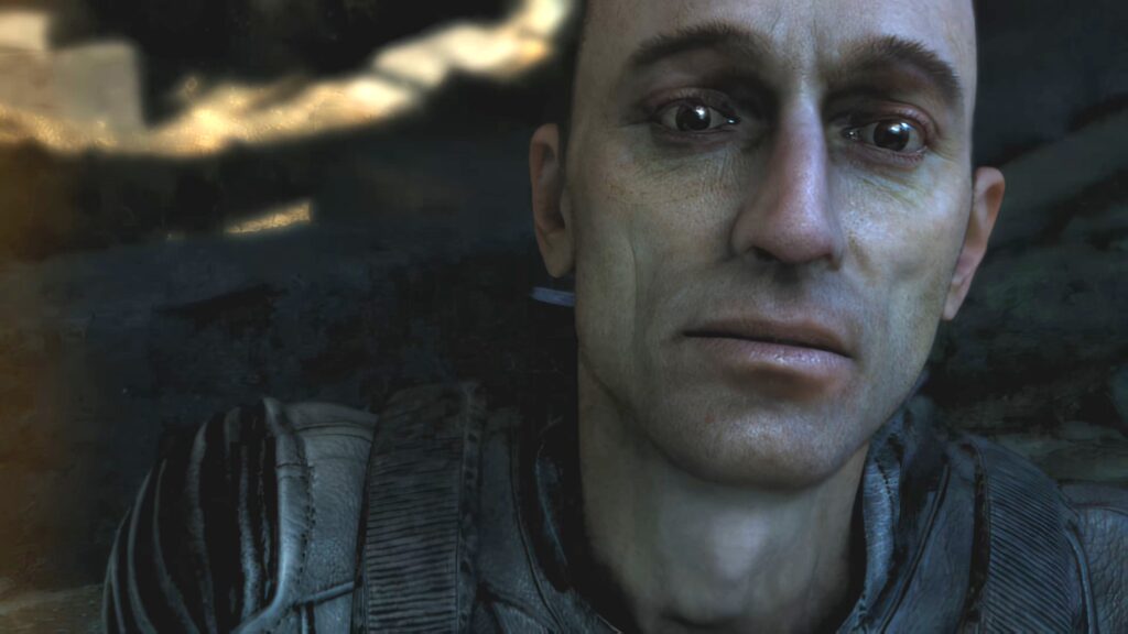 A close-up of Strelok's face in Stalker.