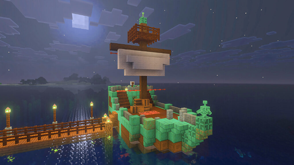 A pirate ship with an oxidized copper golem for the figurehead in the Minecraft Copper Age update.
