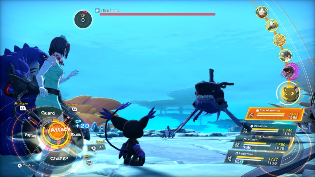 An in-game screenshot showing a battle screen with party Digimon in the foreground and the enemy in the background.